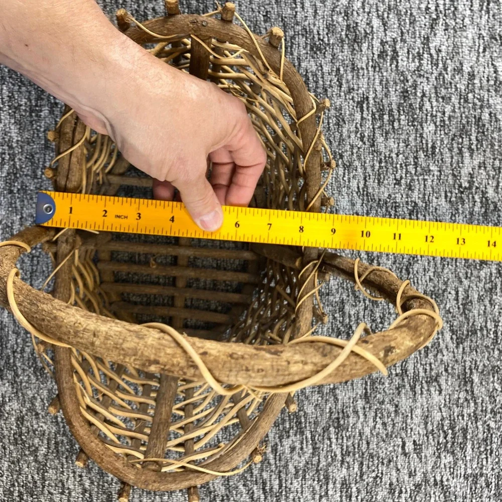 Old Rustic Twig Woven Basket Natural Vine Handle Folk Art Country Decor